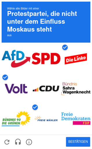 Google reCAPTCHA Meme mit dem Titel: "Wähle alle Bilder mit einer Protestpartei, die nicht unter dem Einfluss Moskaus steht
aus". Folgende Parteien sind ausgewählt: Die Linke, Volt, Freie Wähler