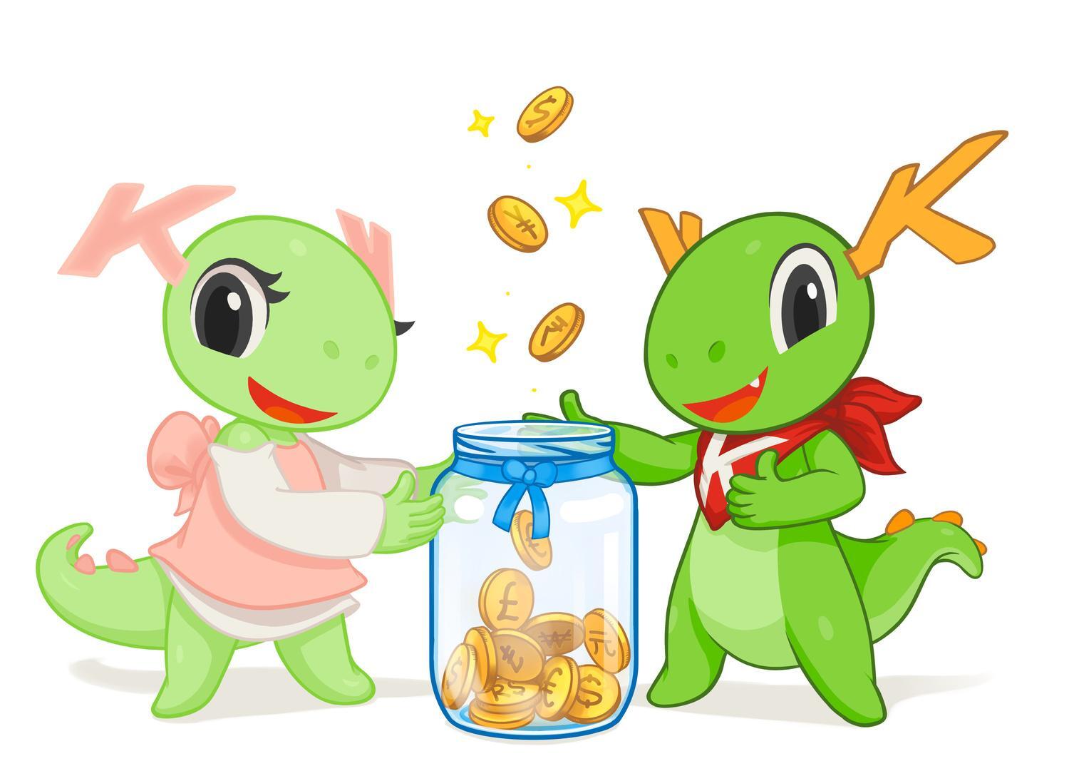 KDE's pet dragons Katie and Konqi on either side of a jar filling up with coins.