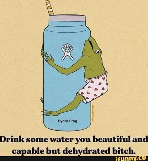 A frog in red heart pattern boxers hugging a jar of water. They are called 'hydro frog.' Text reads: Drink water you beautiful and capable but dehydrated bitch.