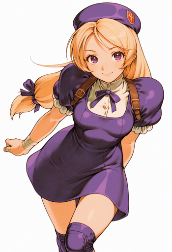 A young woman with purple eyes, long blonde hair, and a gentle smile, in a dynamic, forward-moving pose. She is wearing a purple dress with puffy shoulders, a purple beret, matching purple knee pads, and a brown backpack. 