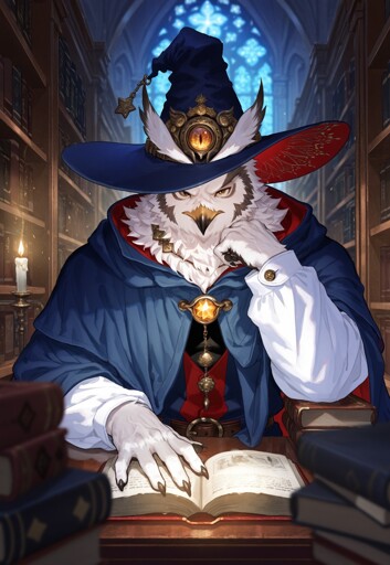 An anthropomorphic white owl wearing elaborate blue wizard robes and a matching pointed hat, sitting at a wooden desk while reading from an open book. The owl has orange eyes, white and brown feathered plumage, and wears ornate golden chest piece with glowing amber gems and intricate metalwork on the hat. The character extends one clawed hand over the open pages of a tome while surrounded by towering bookshelves filled with volumes in a grand library setting. Warm candlelight from a lit candle on the left side of the desk provides illumination, while cool blue light filters through a large Gothic stained glass window in the background. 
