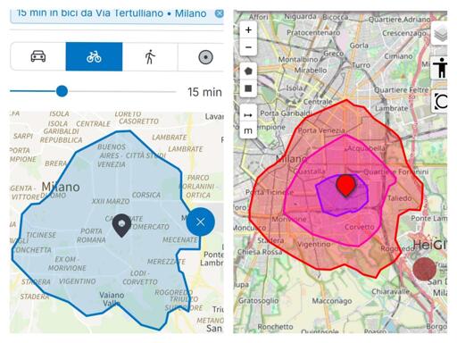 Due mappe dinisocrone affiancate, sulla sinistra quella di immobiliare.it, sulla destra quella di openrouteservice.

Entrambe sono centrate su Milano, e il pinto di partenza e nel sudest, entrambe mostrano i lunghi raggiungibili in 15 minuti, includendo una fetta significativa della citta. Il risultato è abbastanza simile per indie servizi.

Quella di openrouteservice mostra anche le isocrone per 5 e 10 miniti.