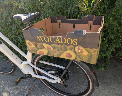 Cardboard box mounted to the rear rack of a parked bicycle. Text on the box reads, "Avocados".