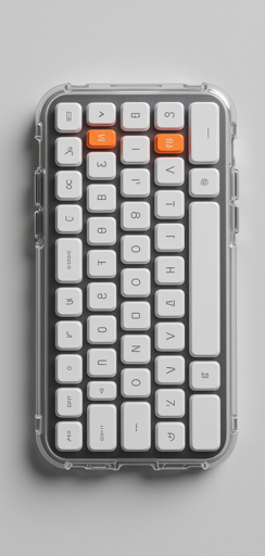 A compact wireless keyboard enclosed within a clear protective case, lying flat on a light gray surface. The keyboard features predominantly white keys with black lettering, and exotic symbols, with two distinctive orange accent keys standing out among the white keys.