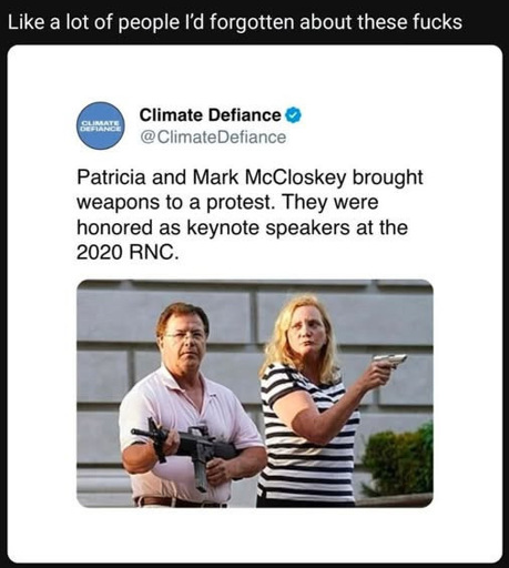 Top text: Like a lot of people I’d forgotten about these fucks

Screenshot of a tweet from @ClimateDefiance reads: Patricia and Mark McCloskey brought weapons to a protest. They were honored as keynote speakers at the 2020 RNC.

Included image depicts a man with glasses in a pink polo, Mark McCloskey, pointing a rifle at people off screen next to his wife Patricia McCloskey, a woman in a striped shirt, who is also pointing a pistol at protestors while standing outside their home at a the June 28, 2020 St. Louis, Missouri George Floyd Protest.

