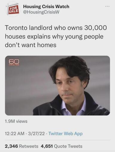 screenshot from 60 minutes interview: Toronto landlord who owns 30,000 houses explains why young people don't want homes