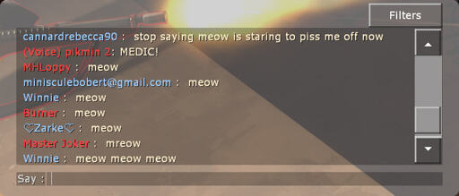 One player saying "stop saying meow is staring to piss me off now", followed by every other player saying meow in chat.