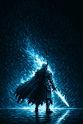 A dark silhouetted figure standing in a dark void, surrounded by dramatic lighting. The figures remain stationary while bright blue lightning flames streak from their sword and the ground across the dark sky above them. The entire image uses a limited color palette of deep blues, blacks, and bright whites, with a distinctly blocky, low-resolution pixel art aesthetic that gives the lightning and landscape a geometric, digitized appearance.
