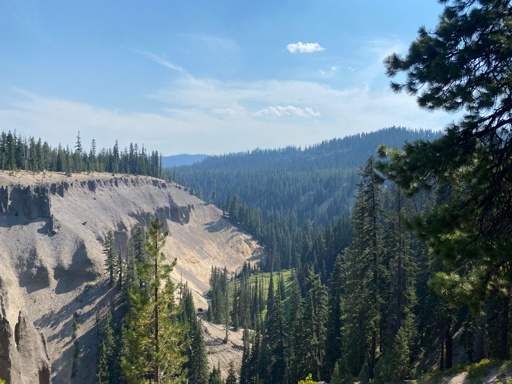 A bright landscape of approximately six thousand trees dot the distance, under a mostly-cloudy blue-yet-hazy sky. In the middle distance is a rock formation with trees persisting throughout it sporadically. The photo is framed by a pine tree bracketing the right side of the frame, close to the camera.