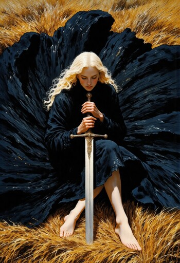 A woman seated in golden, wind‑bent grass while wearing a dark, wide, black dress that is spread outward in a circular shape. She holds a large ornate sword vertically with both hands, its tip resting on the ground between their bare feet. 