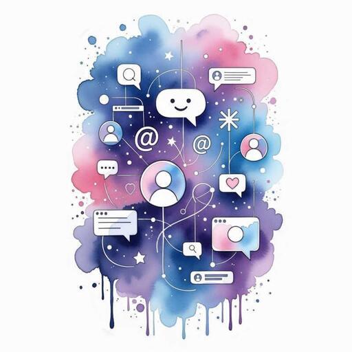 Una nuvola fatta con un acquerello con dentro diverse icone e callout che richiamano il mondo delle interazioni social
