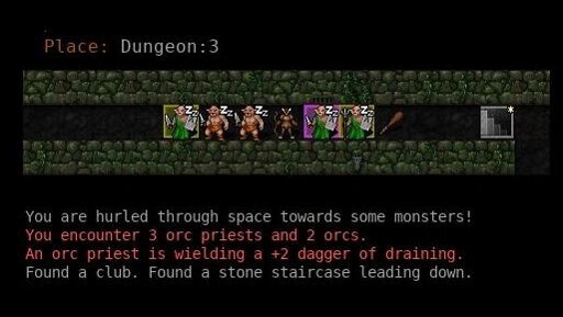 A screenshot of Dungeon Crawl Stone Soup with my character, a minotaur hunter, standing in a hallway surrounded by orc from both sides. The game log clarifies that I got here by using a teleport scroll.
