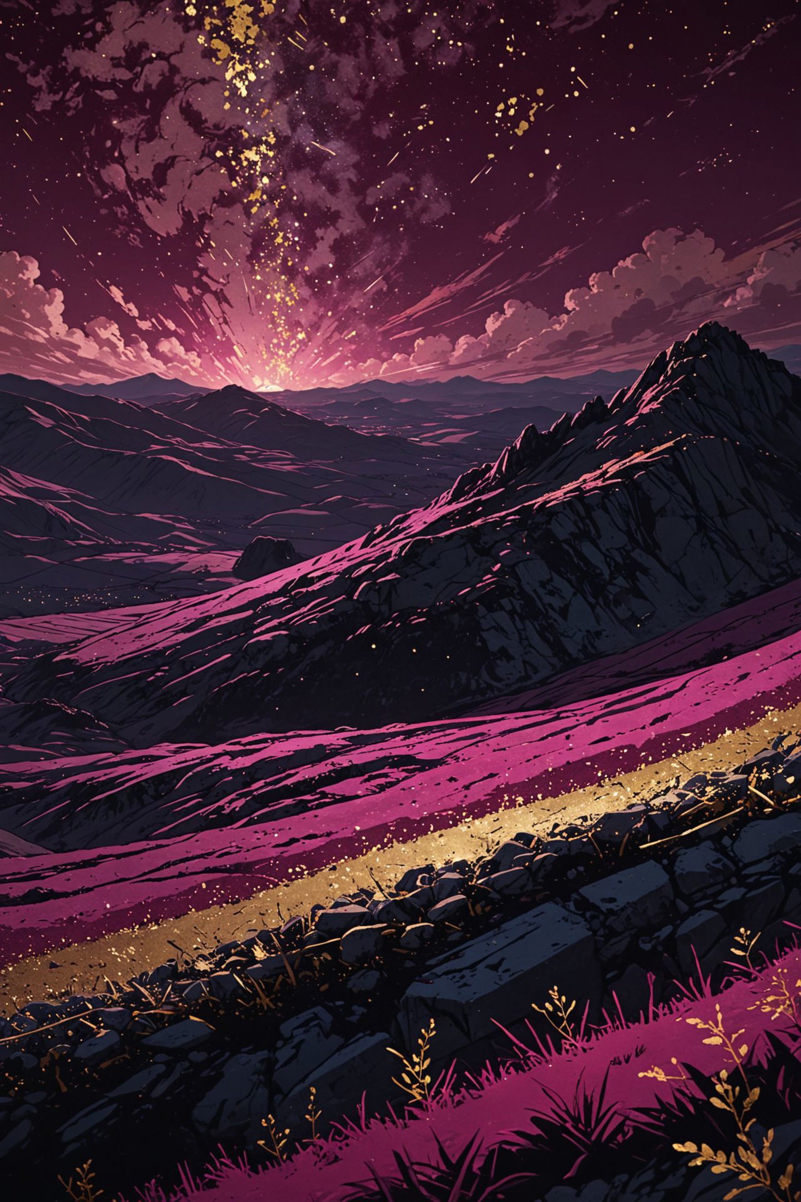 A dramatic mountainous landscape at night. The sky is filled with stars and a meteor shower illuminating the scene in hues of purple and pink. The mountains are steep and rugged. The foreground shows rocky terrain with patches of grass, all bathed in the cosmic light.