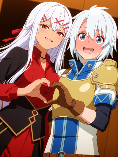 A young woman with red eyes, long white hair, and a confident smile, and a young man with blue eyes, short white hair, and a blushing, open-mouthed smile standing close together, jointly forming a heart shape with their hands in the center of the frame. The woman on the left wears a red and black outfit with a choker, while the man on the right wears blue and gold armor over a blue tunic. The background appears to be a warmly lit indoor room with simple brown walls. 