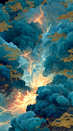 An expansive cloudscape filled with towering cumulus formations rendered in multiple shades of blue, with intricate golden decorative patterns woven throughout the cloud structures. Brilliant orange and yellow lightning bolts zigzag vertically through the center, creating dramatic electrical pathways that illuminate the surrounding cloud masses. The lighting emanating from these lightning strikes casts warm golden glows against the cooler blue cloud surfaces. Golden ornamental swirls and spiral patterns are integrated into the cloud formations, giving the natural phenomenon an artistic, decorative quality. 