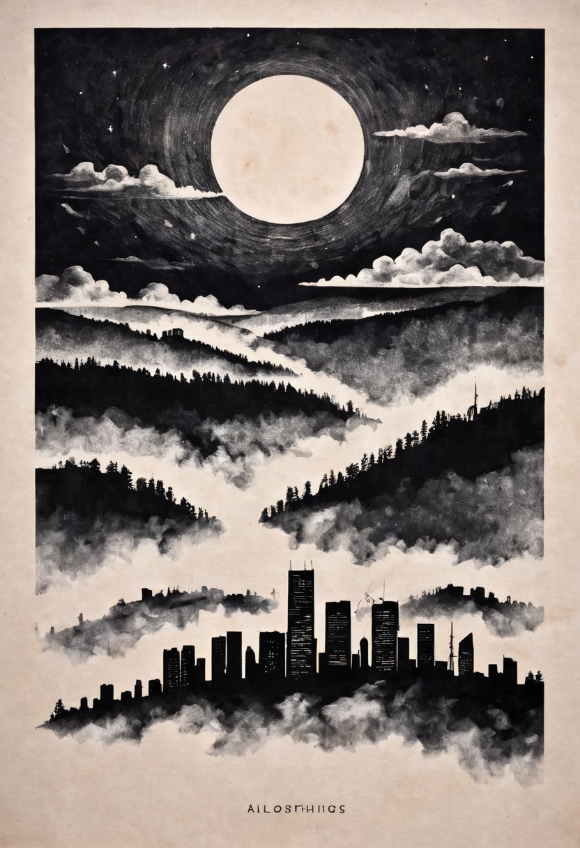 A monochromatic artwork depicting a large, full moon dominating the upper portion of the composition, set against a backdrop of a cloudy night sky. Below the moon, layers of pine-covered hills recede into the distance with mist weaving through them, creating a sense of depth. At the bottom of the image lies a silhouette of a city skyline with various buildings, some tall and others short.