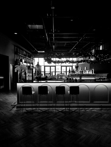 cocktail bar, with large window on the back looking outside