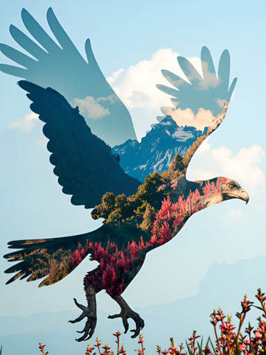 A large eagle mid-flight with fully extended wings, its body filled with a double-exposure overlay of a valley with snow-capped mountains, dense forest vegetation, and bright red flowering plants. 