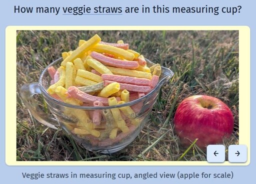 A screenshot of the daily game Estimate Me showing a measuring cup filled with veggie straws next to an apple