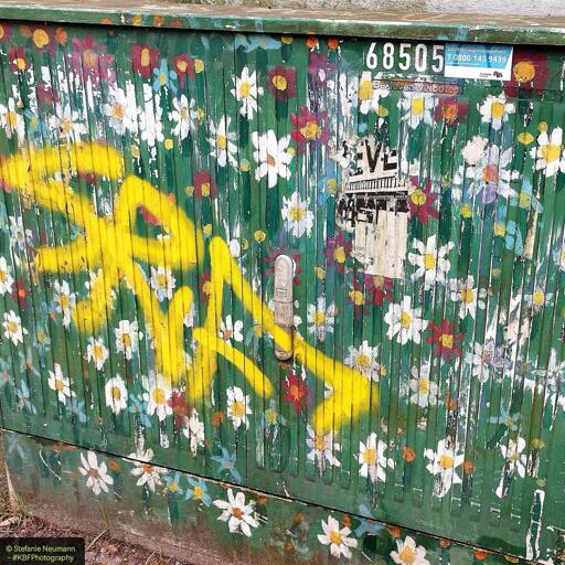 Ein Stromkasten mit Aufklebern und Graffiti. Darunter wurde er mit grüner Farbe, sowie weißen, roten, blauen und grünen Blüten bemalt. Die Blüten haben gelbe Punkte in der Mitte.
 - 
An electricity box with stickers and graffiti. Underneath, it was painted with green paint and white, red, blue and green flowers. The flowers have yellow dots in the centre.