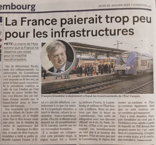 Article de de la presse gratuite l'essentiel sur la mobilité ferroviaire transfrontalière France Luxembourg. 