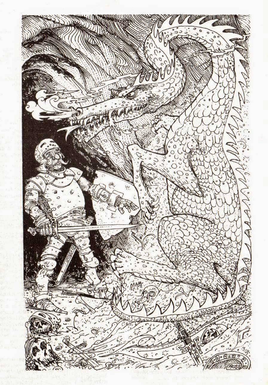 A black and white illustration of a man and a large dragon inside a cave. The man is dressed in dented armor, with his face shield up. He has a mustache. is holding a sword and shield, and a shocked look on his face, as if he just turned the corner in this cave and stumbled onto a dragon. The dragon is sitting on its hind legs and is towering over the man, its nose steaming smoke. The dragon sits atop a horde or treasure, with a few skulls and bones of former adventurers.