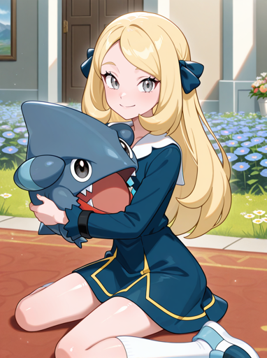 A girl with long blonde hair styled with dark blue bows, and gray eyes. She is wearing a dark blue, long-sleeved dress with a white collar and yellow trim, along with white knee-high socks and partially visible white and blue shoes. She is sitting on an outdoor path, holding a gibble, a blue, shark-like creature with large black eyes and a red lower jaw in front of her. 
