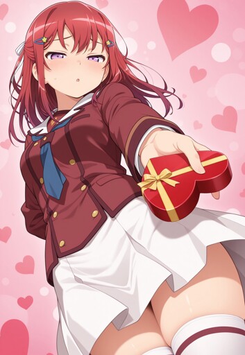 A low angle shot of a young woman with purple eyes, red hair with small, decorative clips on both sides of her head, blushing while offering a red, heart-shaped box, wrapped with a gold ribbon, to the viewer. She is wearing a school uniform consisting of a red shirt with a white sailor collar and a blue tie, a white pleated skirt, and white thigh-high socks with maroon stripes. The background is a solid pink color decorated with pink hearts and white circular bokeh patterns. 