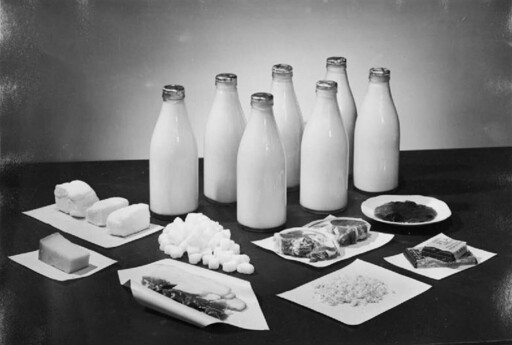 Weekly wartime ration for two British civilians, excluding bread, fresh vegetables, and some canned goods, WW2, 1943