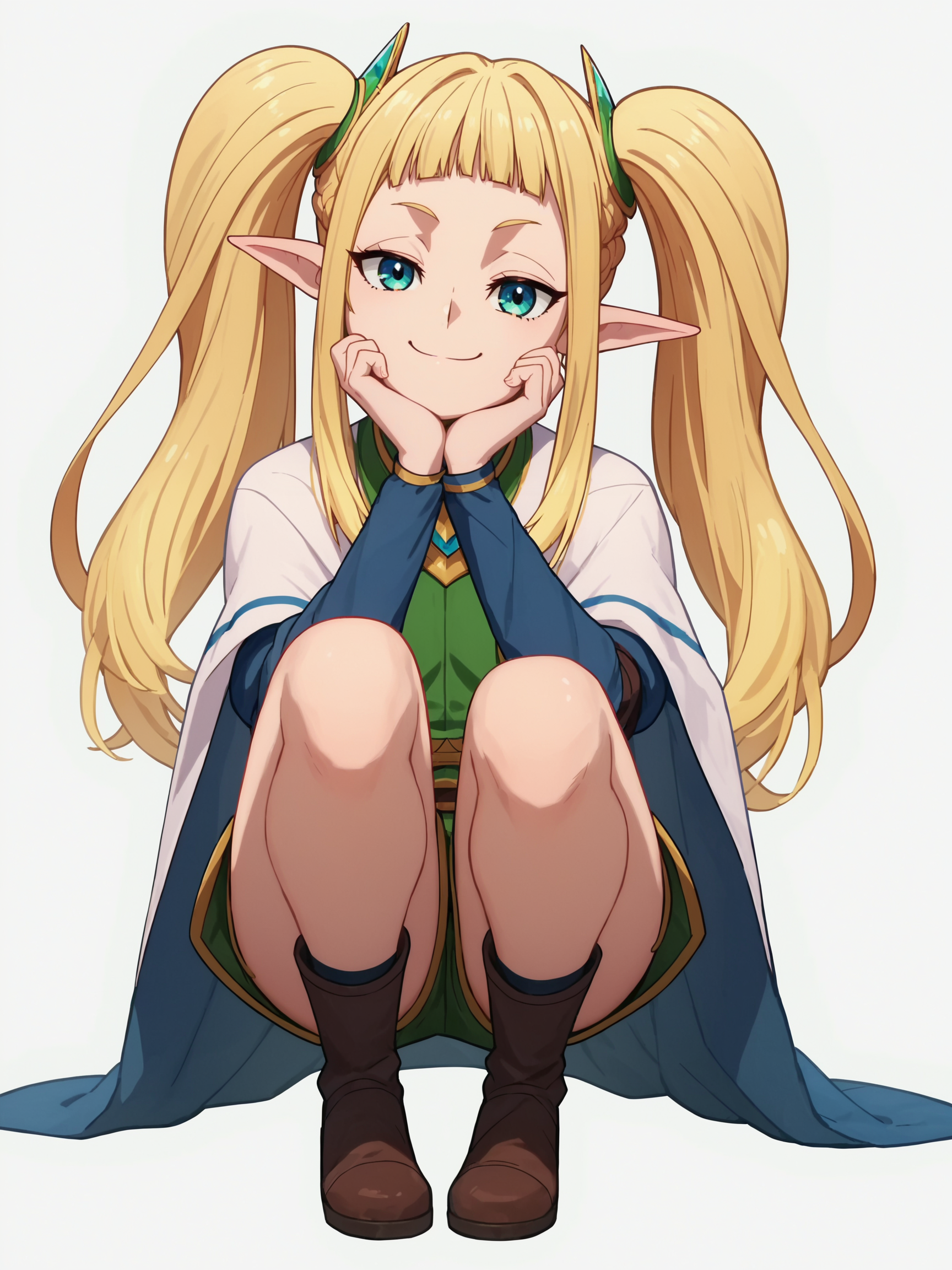 A young female elf with blue eyes and long, flowing blonde hair styled into two high twintails held together with green hair ornaments. She has pointed, elf-like ears and a small, playful smile that gives her a mischievous appearance. She is crouching on the ground with her legs bent, and her hands held under her chin. She is dressed in brown boots, a green outfit with a high neckline and over this she wears a white cloak with a blue trim. The background is a plain white, which ensures the focus remains entirely on the character. 