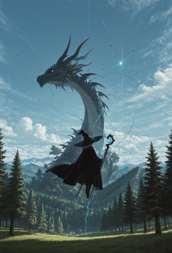 A dramatic fantasy scene viewed from ground level looking upward at a cloaked figure wearing dark robes and a pointed hat, suspended in mid-air in a forested mountain valley. The figure holds a glowing blue staff while magical bolts arc around their body and extend into the sky. Directly above the figure looms an enormous dark dragon with multiple horns protruding from its head, a long serpentine neck, and a glowing eye trained on the foreground figure. The background shows a lush green valley with dense coniferous forests covering rolling hills and distant mountains under a partly cloudy blue sky. 