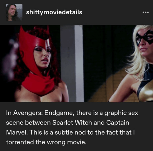 A tumblr post by "shittymoviedetails" It says "In advengers: Endgame, there is a graphic sex scene between Scarlet Witch and Captain Marvel. This is a subtle nod to the fact that I torrented the wrong movie.