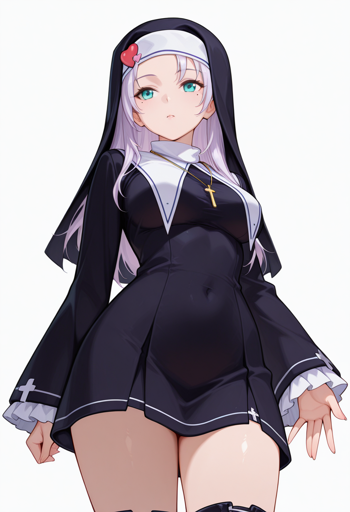 A low angle shot of a young woman with long, light lavender hair and turquoise eyes. She is wearing an outfit styled after a nun's habit, which includes a black and white head covering with a red heart clip, a short black dress with a high white collar and ruffled cuffs marked with crosses, thigh-high stockings, and a gold cross necklace. 