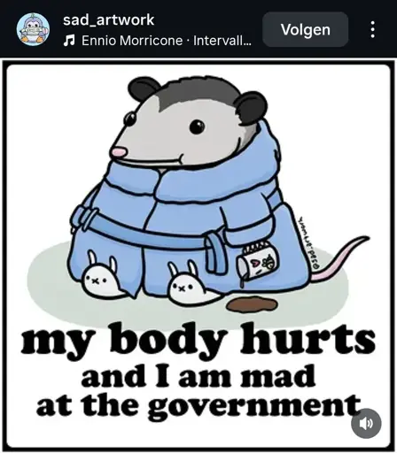 Social media post of a drawing of an opossum in bathrobe and bunny slippers with the caption: my body hurts and I am mad at the government 
