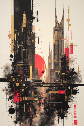 An abstract digital collage combining futuristic cityscape elements with heavy grunge textures and paint splatters across a cream-colored background. The composition features towering architectural structures with sharp spires and angular buildings rendered in brown and gold tones, interspersed with numerous text elements and signage in red, black, and yellow colors. Black ink splatters and paint drips cascade throughout the entire frame, creating chaos against the geometric urban elements. 
