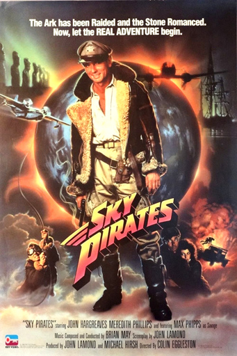 The poster for Sky Pirates. It shows John Hargreaves in a pilot get-up, holding a gun