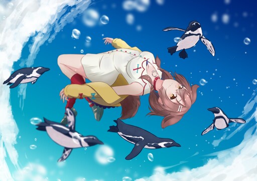 an illustration of dog girl VTuber Inugami Korone swimming gracefully face-up in a cloudy sky among penguins and bubbles