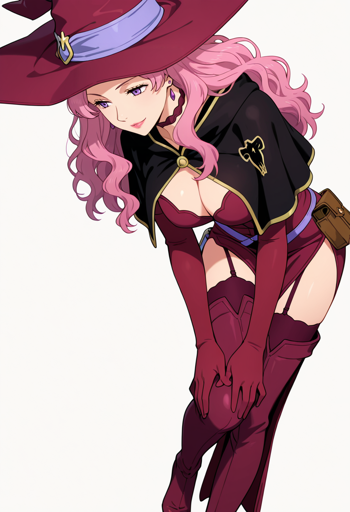 A woman with purple eyes, long wavy pink hair, and a slight smile leaning forward with her hands on her thighs, adjusting her thigh-high boots. She is wearing a large red witch's hat, a short black capelet, and a red outfit with matching gloves and thigh-high stockings. 