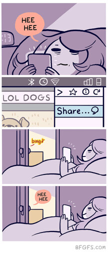 A tired woman in the first panel is in bed and looks at phone. Says "Hee Hee".  Second panel depicts a "Share" button on a phone.  Third panel shows the sound "bing" from the neighboring room, the door is open.  Fourth panel depicts a speech bubble, "Hee Hee", in the neighboring room. The woman in the bed smiles.