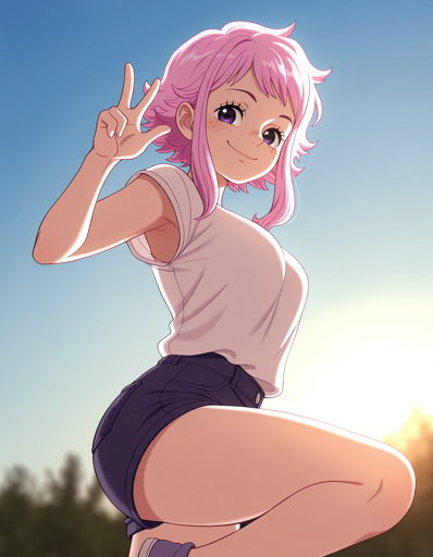 A young woman with purple eyes, short pink hair, and a gentle smile. She is in a posing with one leg raised making a “peace” sign with her right hand, while wearing a white t-shirt and dark-colored shorts. The setting is outdoors, with a clear blue sky and some out-of-focus foliage visible in the background.
