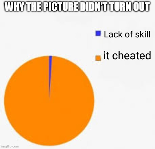 Meme of a pie chart on a white background captioned: "Why the picture didn't turn out." A sliver of blue is titled: "Lack of skill," and the larger orange portion reads: "it cheated."