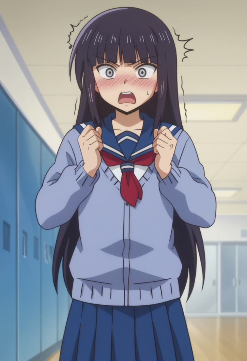 A woman with long, straight, dark purple hair, wide-open eyes with a surprised expression, and her cheeks are flushed. Her mouth is open, and she appears to be surprised, indicated by the small sweat droplet on her face and her hands clenched nervously at her chest. She is wearing a Japanese school uniform, consisting of a light blue, long-sleeved sweater with a white shirt with blue sailor collar and a red neckerchief underneath, paired with a matching blue pleated skirt. The background shows a typical school hallway with blue lockers and a polished wooden floor. 