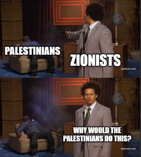 A man labeled "Zionists" shoots another labeled "Palestinians." The man then says "Why would the Palestinians do this?"