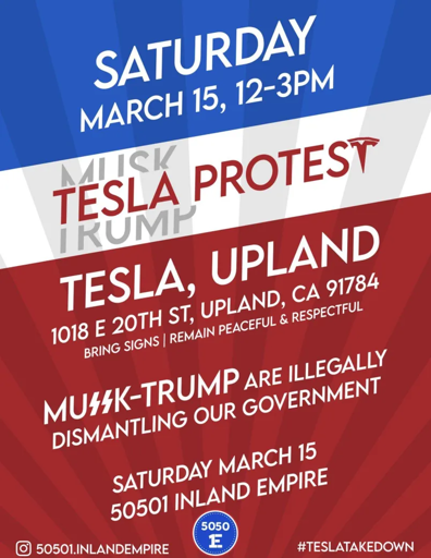 Tesla Protest in Upland, Ca on Mar 15th (12-3pm)