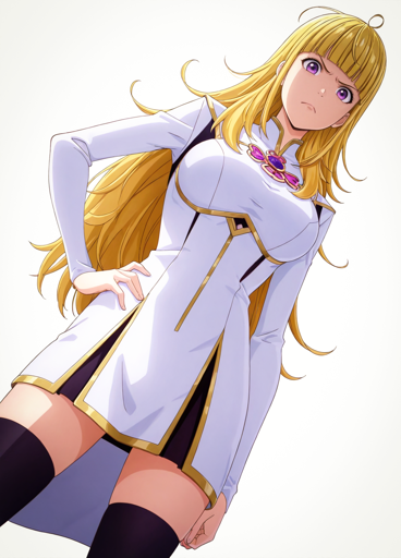 A young woman with with purple eyes, long blonde hair, and a stern expression. She is looking down at the viewer with her hand on her hip, wearing a long-sleeved, high-collared white dress with gold and black trim, a purple brooch, and black thigh-high stockings. 