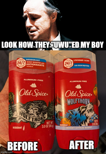 "look how they massacred my boy" meme with the text "look how they 'uwu'ed my boy" as his line instead. And below is pictured the old design and new design for a deorderant called "Wolfthorn". The old design is a grey wolf in a menacing pose, the new design is a blue and white wolf seemingly howling at an orange in the sky.