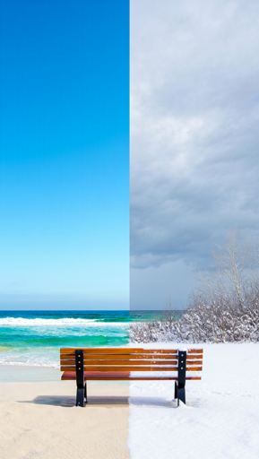 A wooden park bench with black metal supports sitting at the center of a digitally split scene that divides two contrasting seasonal environments. The left half displays a tropical summer beach with bright blue ocean water, white foam waves, clear turquoise sky, and sandy shoreline under brilliant natural lighting. The right half shows a winter landscape with snow-covered ground, bare leafless foliage, and an overcast gray sky with diffused cloudy lighting. The bench spans both environments, with its left portion casting a shadow on sandy beach surface while its right portion rests on white snow. 