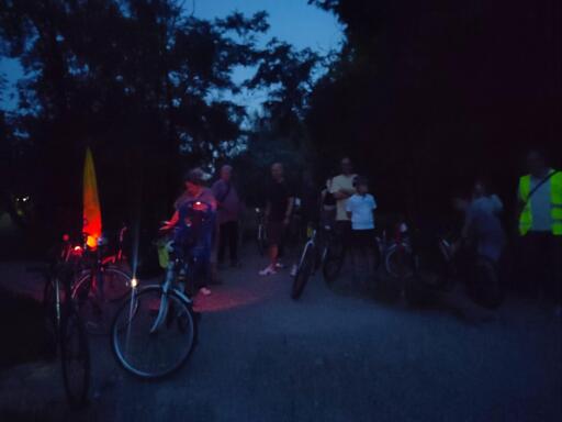 "Foto. Su una strada al sterrata al buio sono parcheggiate alcune bici con le luci accese. Alcune persone nei dintorni chiacchierano e cercano lucciole"