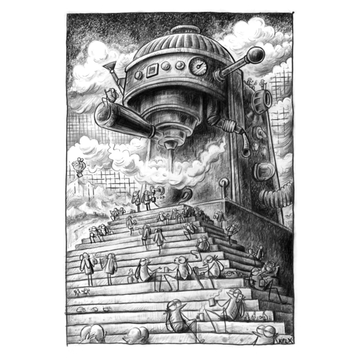 Un dessin au crayon sur papier A4 montre une cafetière monumentale, représentée comme un temple gigantesque vu en contre-plongée. Du  café frais s'écoule en fumant dans une tasse. Sur un large escalier devant la cafetière, de nombreuses petites mouches montent ou  se posent sur les marches. Certaines boivent du café, d'autres discutent .Des nuages de vapeur de café flottent dans la scène. L'arrière-plan est rempli d'un paysage de montagne et de nuages.