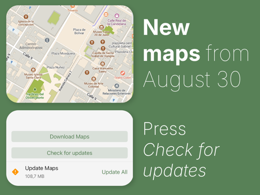 share pic reading "new maps from august 30: press check for updates" alongside a map screenshot from bogota and the update interface